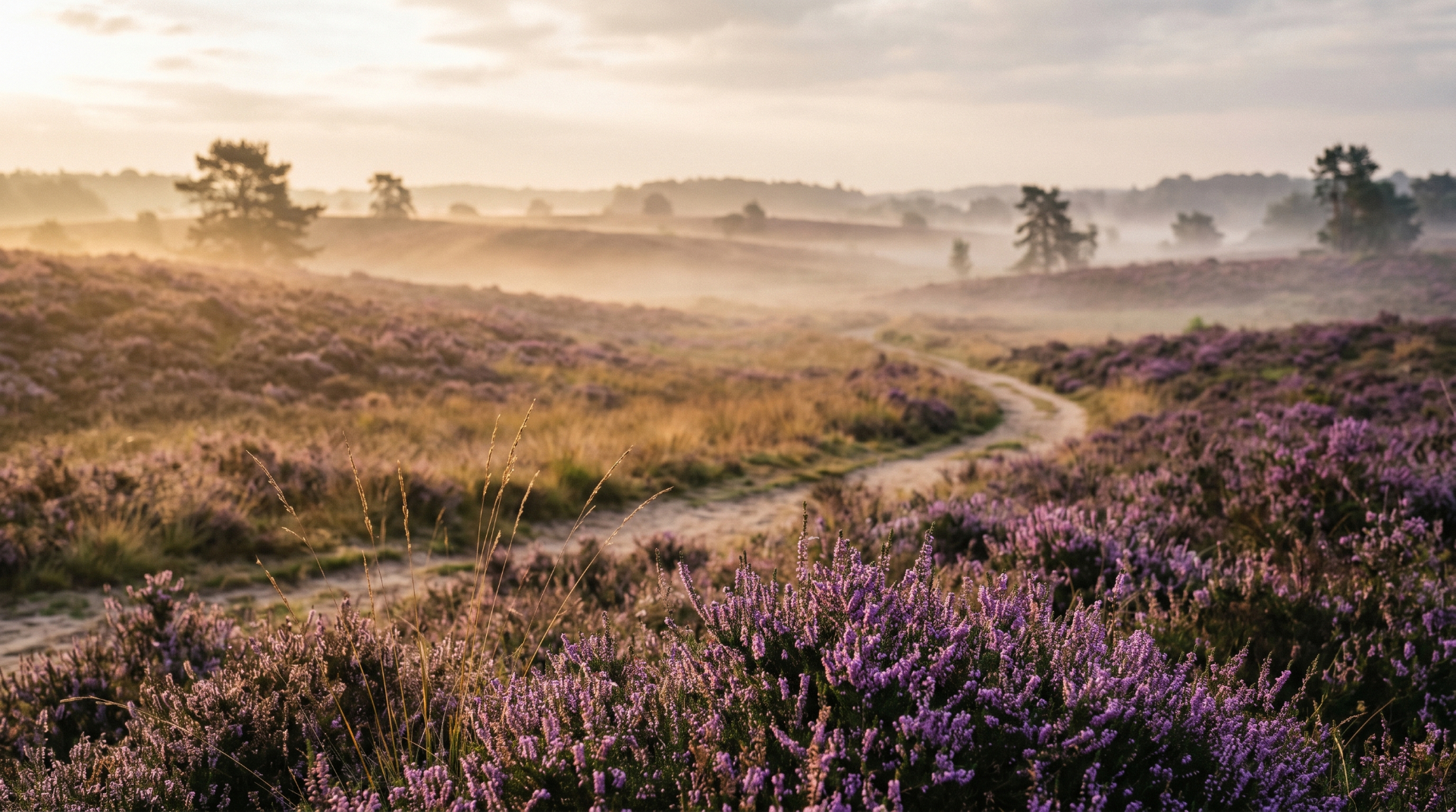 Heidelandschap bij zonsopkomst